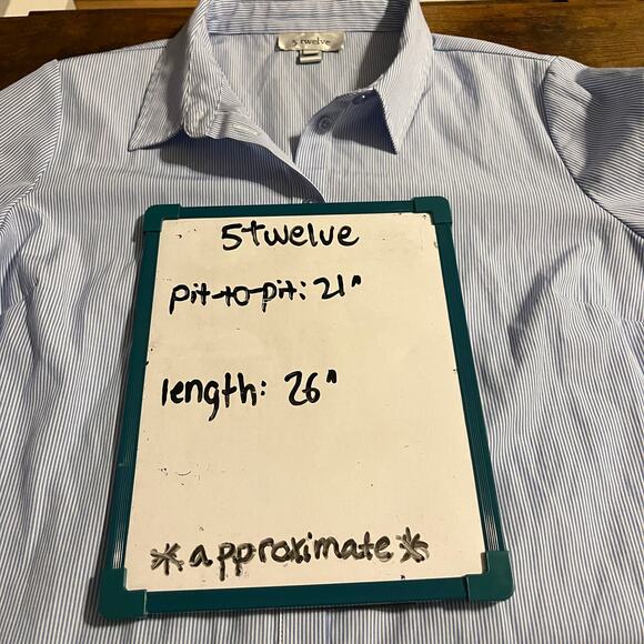 Blue White Striped Bell Sleeve Button Down Shirt Classic Office Chic Top 14 - Picture 9 of 9